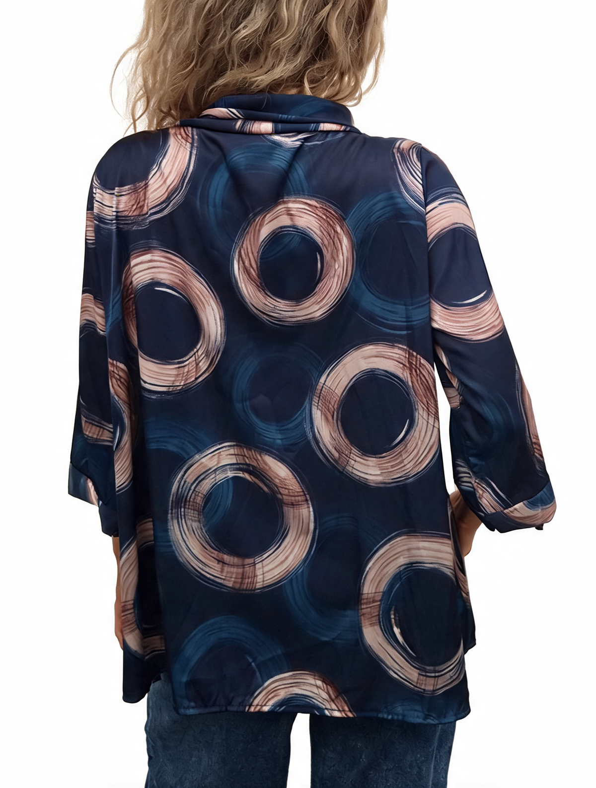 Oversized Brushstroke Circle Print Cowl Neck Top with 3/4 Sleeves & Satin-Feel Finish Blouse