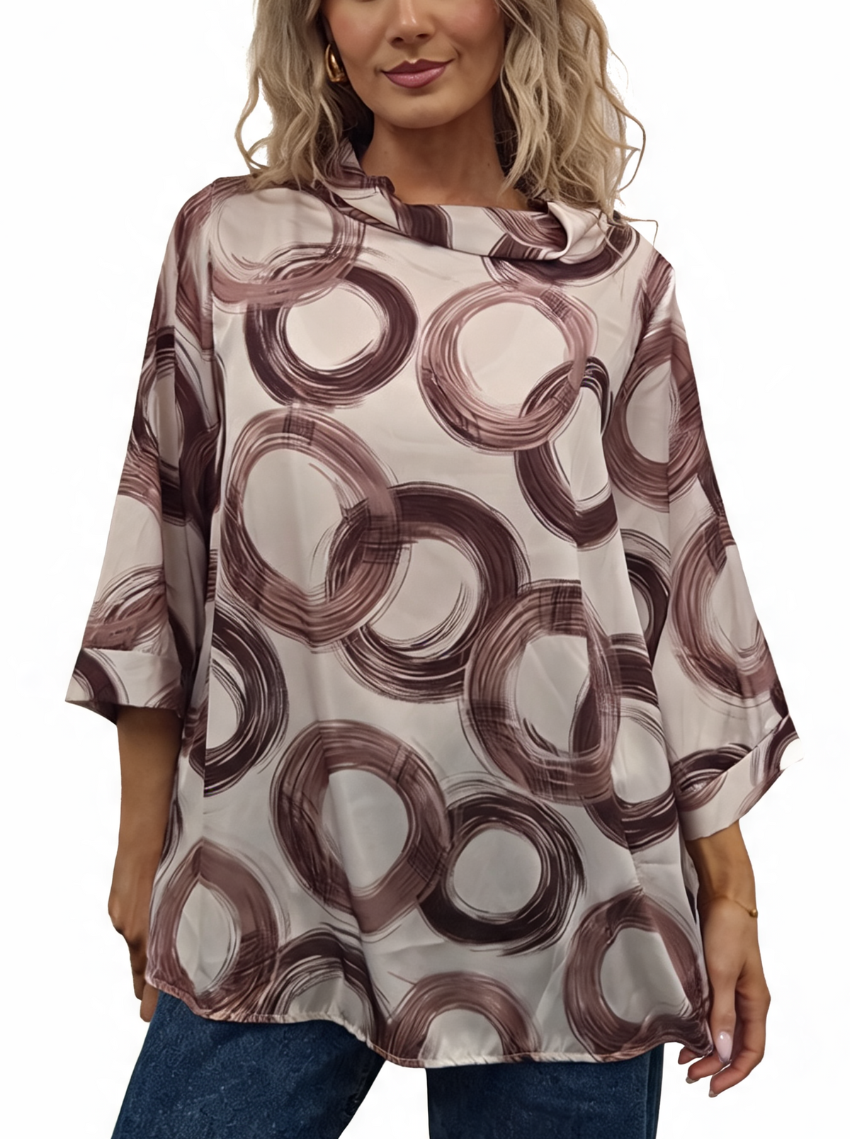 Oversized Brushstroke Circle Print Cowl Neck Top with 3/4 Sleeves & Satin-Feel Finish Blouse