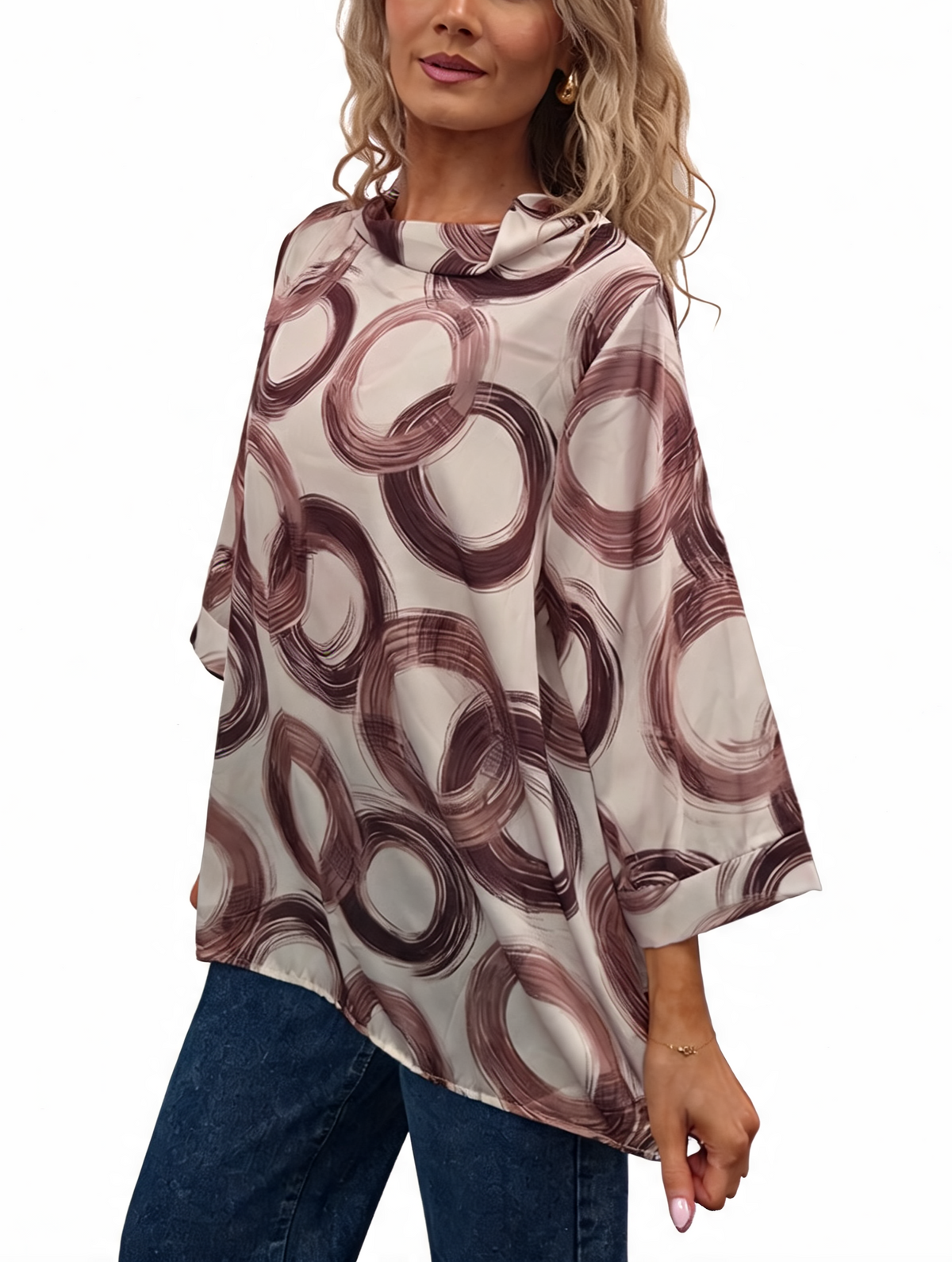 Oversized Brushstroke Circle Print Cowl Neck Top with 3/4 Sleeves & Satin-Feel Finish Blouse