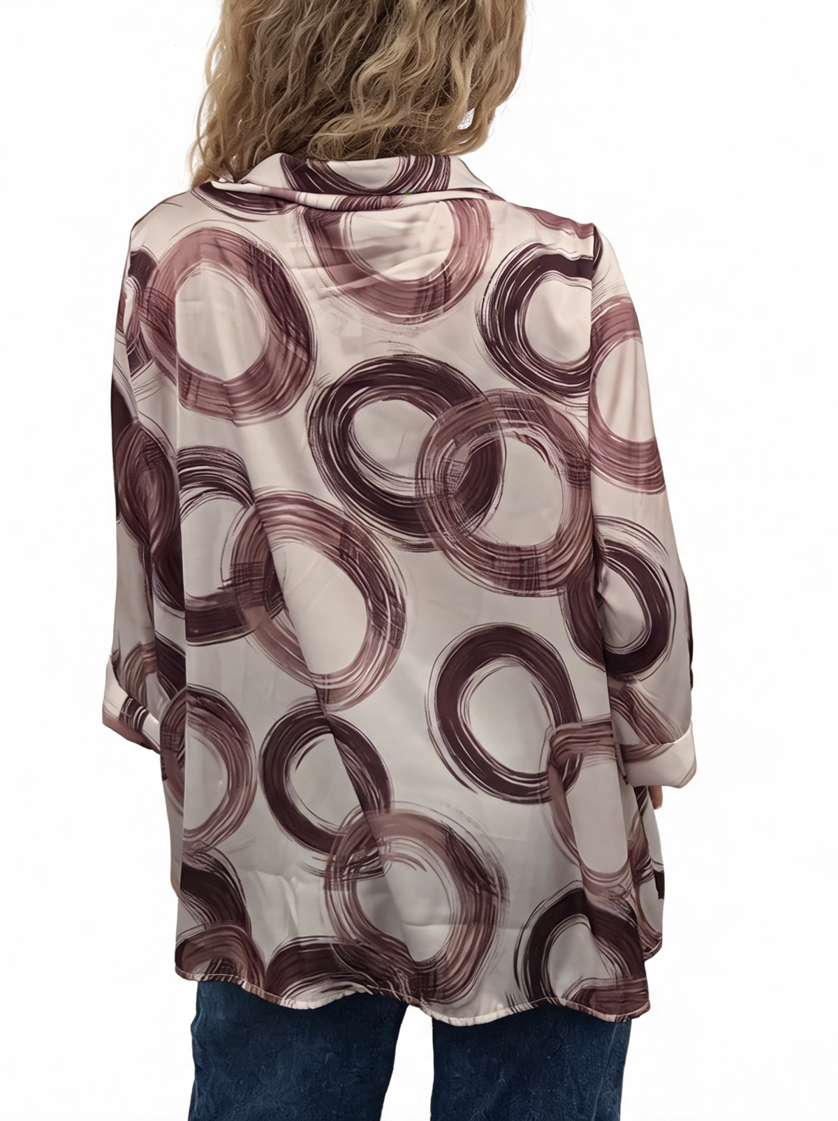 Oversized Brushstroke Circle Print Cowl Neck Top with 3/4 Sleeves & Satin-Feel Finish Blouse