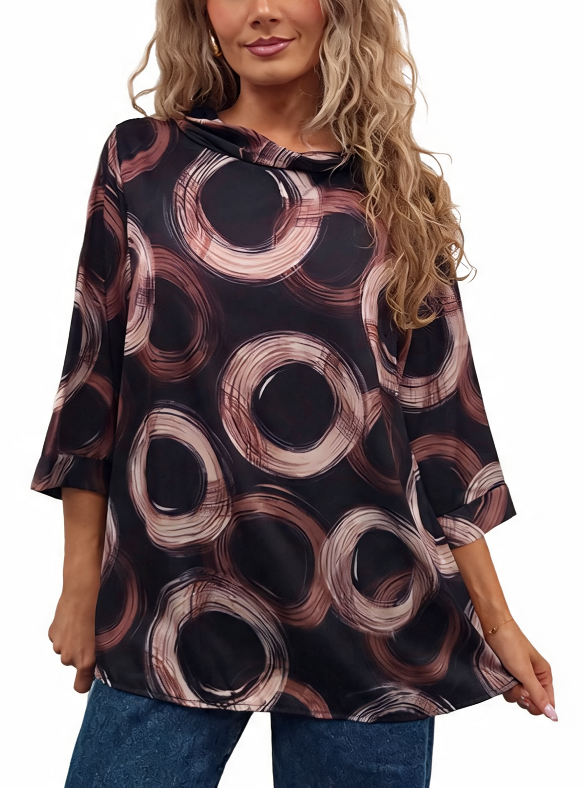 Oversized Brushstroke Circle Print Cowl Neck Top with 3/4 Sleeves & Satin-Feel Finish Blouse
