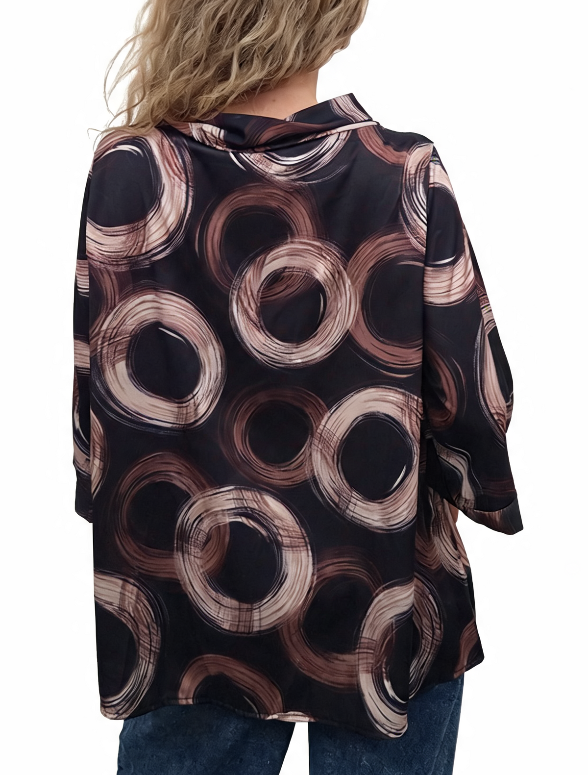 Oversized Brushstroke Circle Print Cowl Neck Top with 3/4 Sleeves & Satin-Feel Finish Blouse