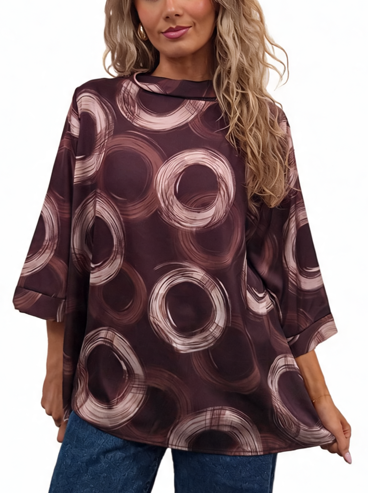 Oversized Brushstroke Circle Print Cowl Neck Top with 3/4 Sleeves & Satin-Feel Finish Blouse