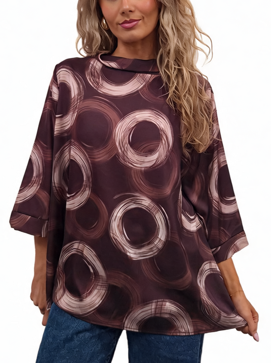 Oversized Brushstroke Circle Print Cowl Neck Top with 3/4 Sleeves & Satin-Feel Finish Blouse