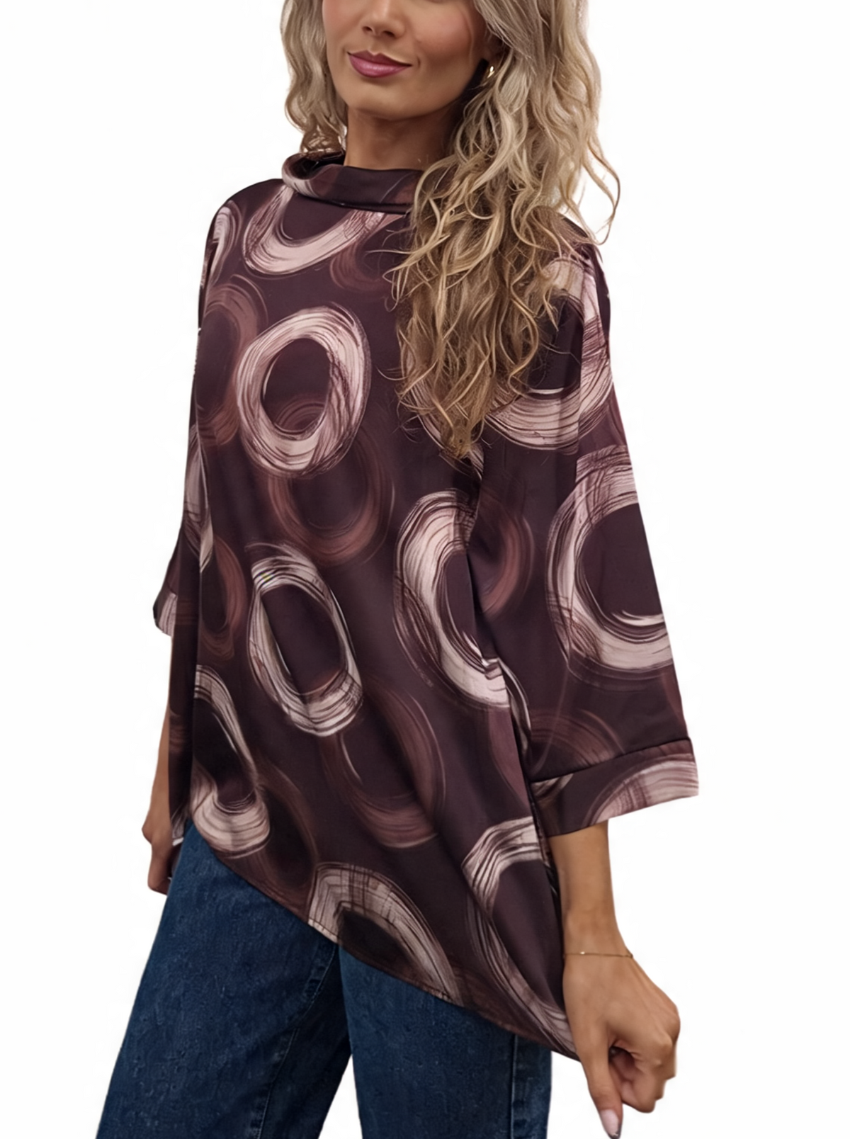 Oversized Brushstroke Circle Print Cowl Neck Top with 3/4 Sleeves & Satin-Feel Finish Blouse