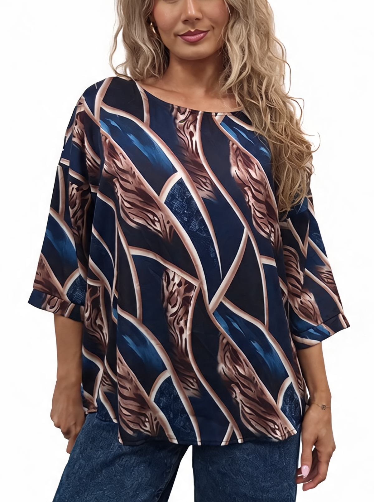 Abstract Print Relaxed Fit Round Neck Top with Half Sleeves & Satin-Feel Finish Blouse