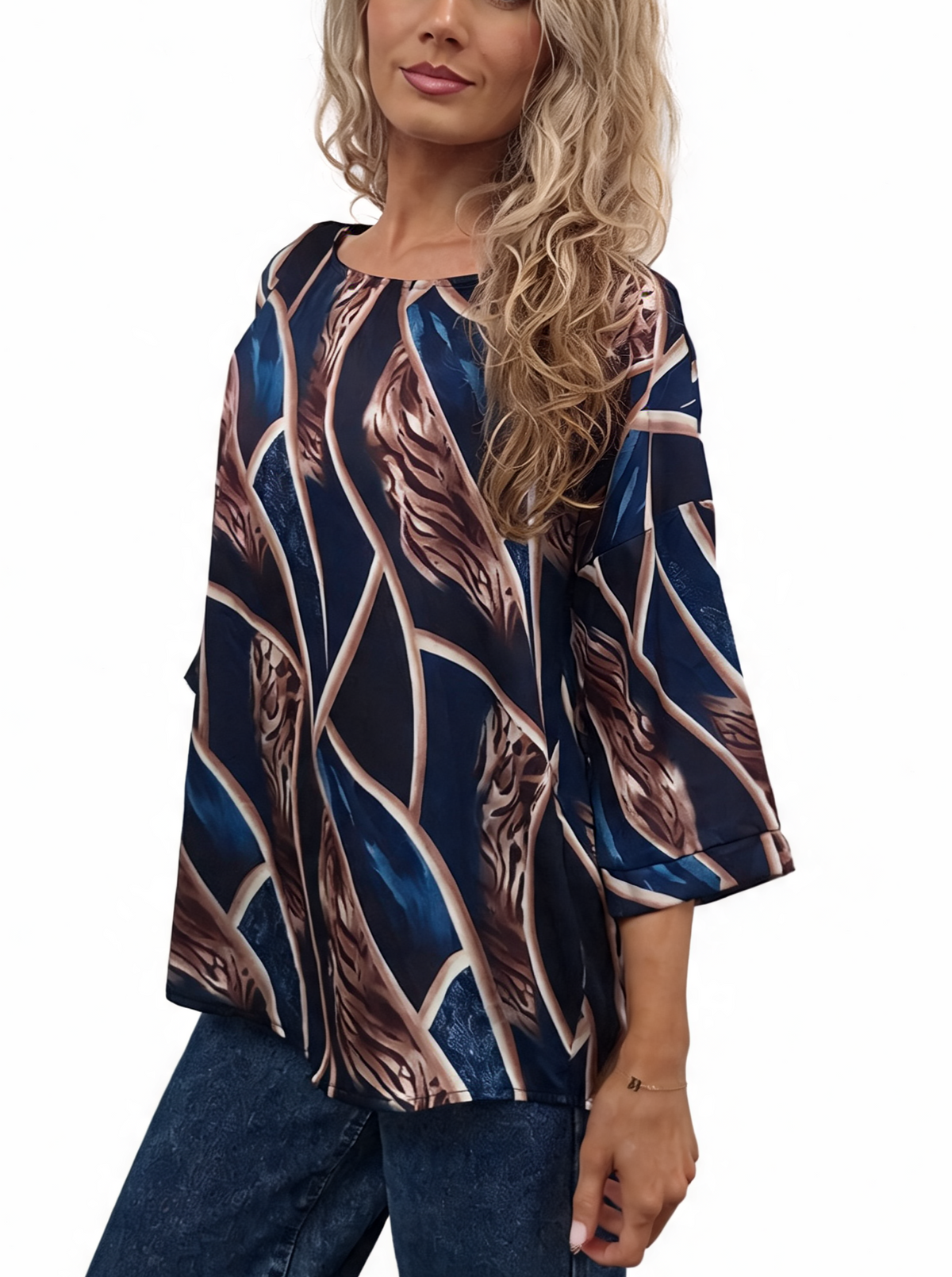 Abstract Print Relaxed Fit Round Neck Top with Half Sleeves & Satin-Feel Finish Blouse