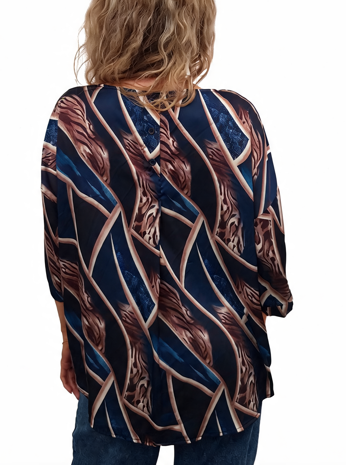 Abstract Print Relaxed Fit Round Neck Top with Half Sleeves & Satin-Feel Finish Blouse