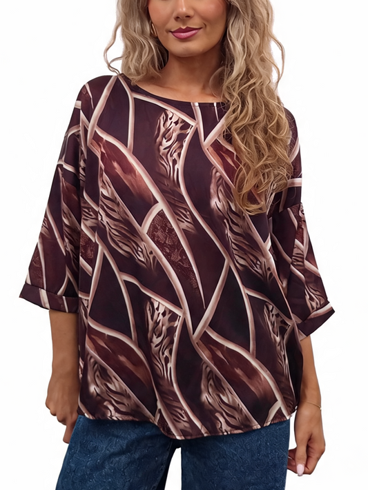 Abstract Print Relaxed Fit Round Neck Top with Half Sleeves & Satin-Feel Finish Blouse
