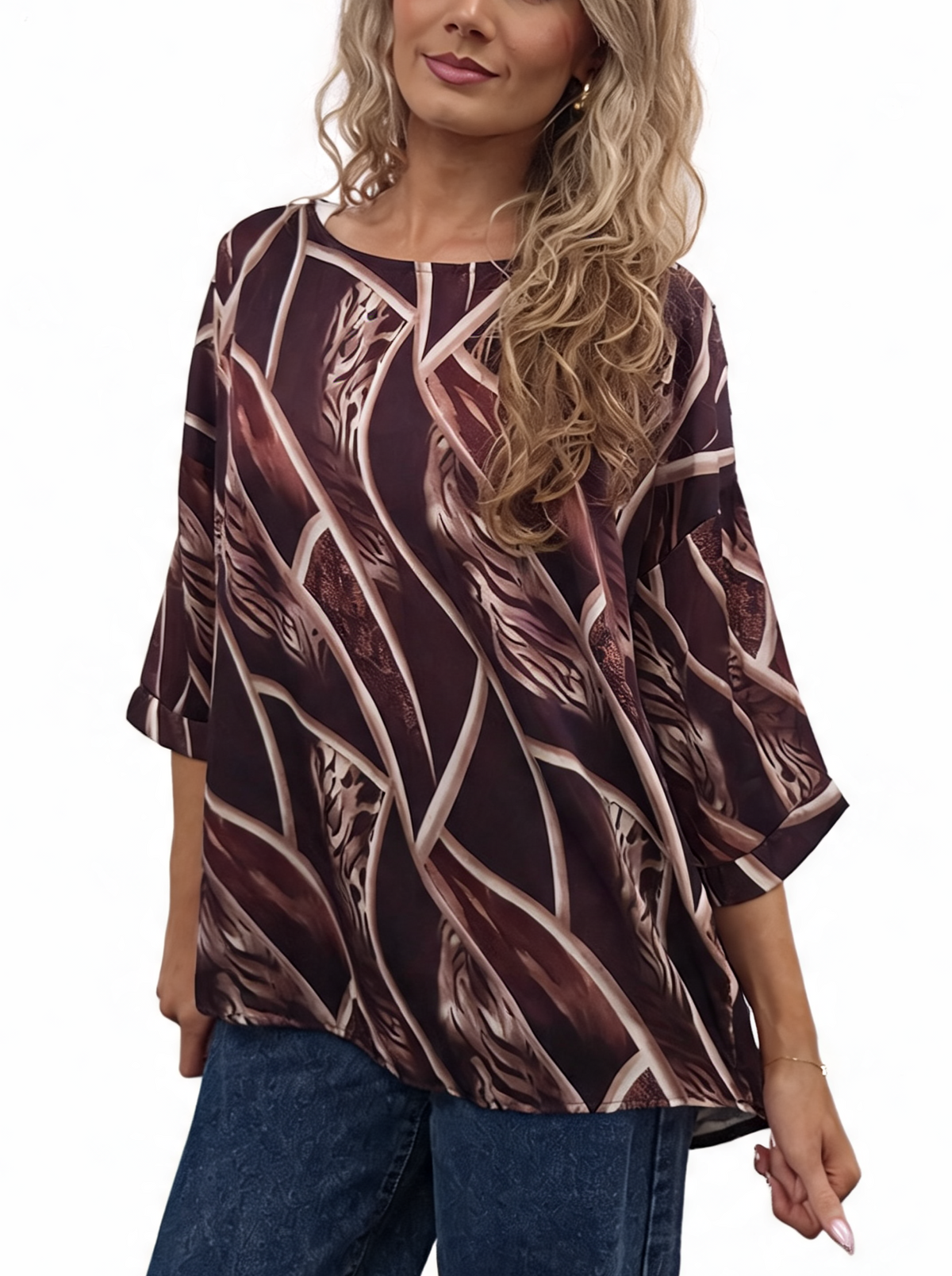 Abstract Print Relaxed Fit Round Neck Top with Half Sleeves & Satin-Feel Finish Blouse