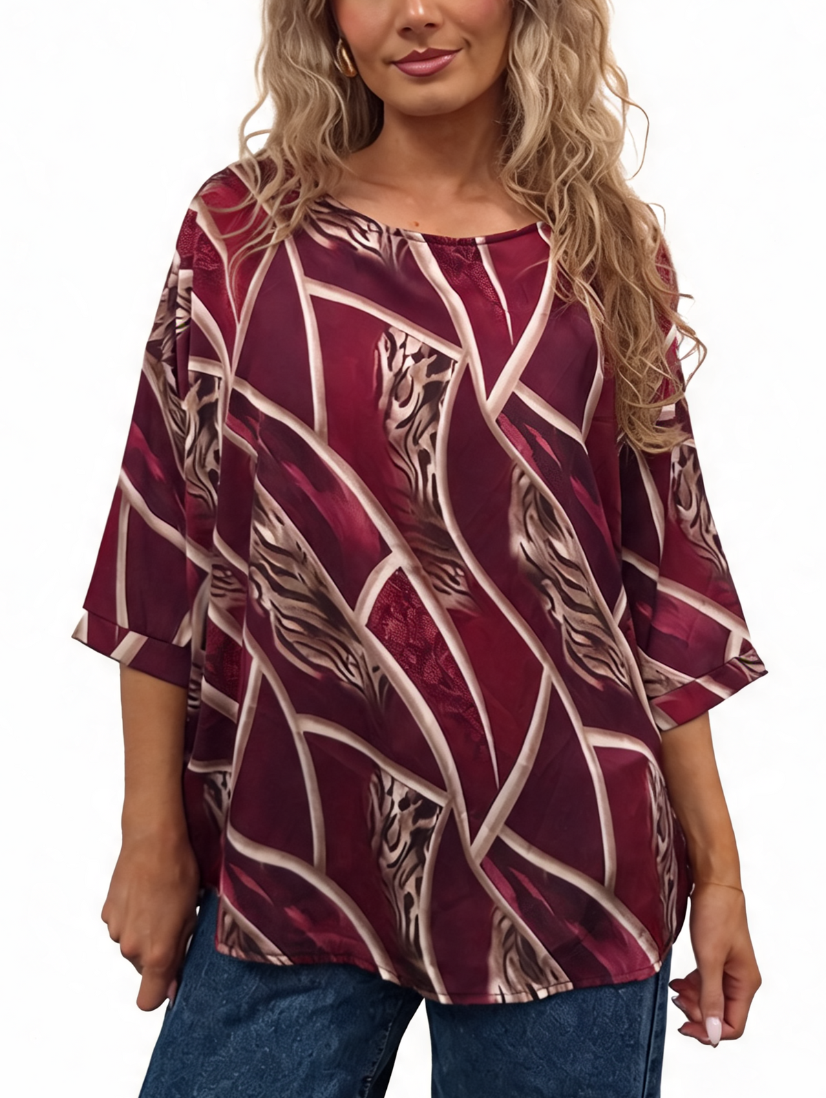 Abstract Print Relaxed Fit Round Neck Top with Half Sleeves & Satin-Feel Finish Blouse