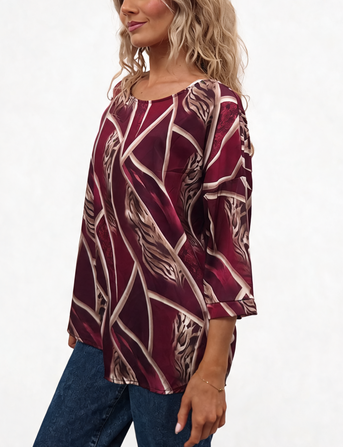 Abstract Print Relaxed Fit Round Neck Top with Half Sleeves & Satin-Feel Finish Blouse