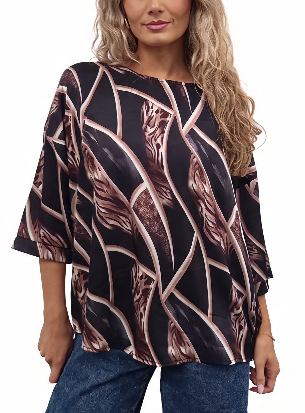Abstract Print Relaxed Fit Round Neck Top with Half Sleeves & Satin-Feel Finish Blouse