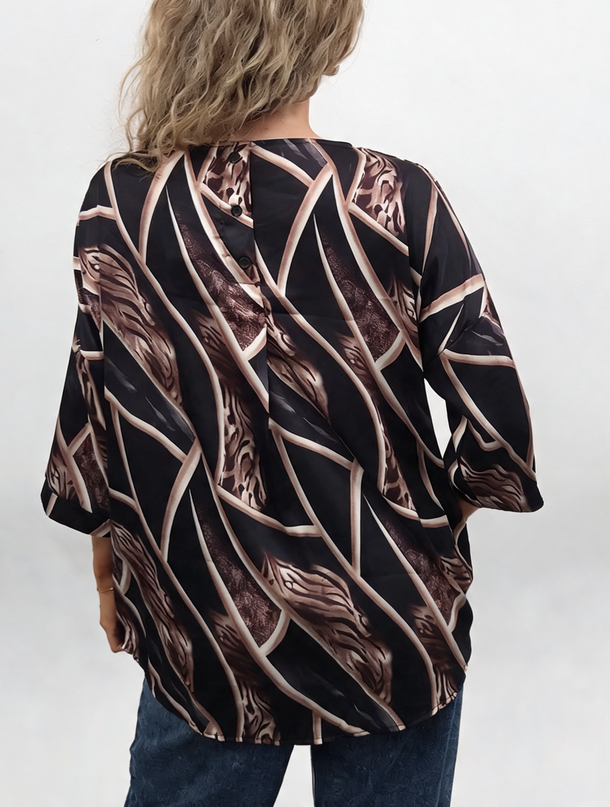 Abstract Print Relaxed Fit Round Neck Top with Half Sleeves & Satin-Feel Finish Blouse