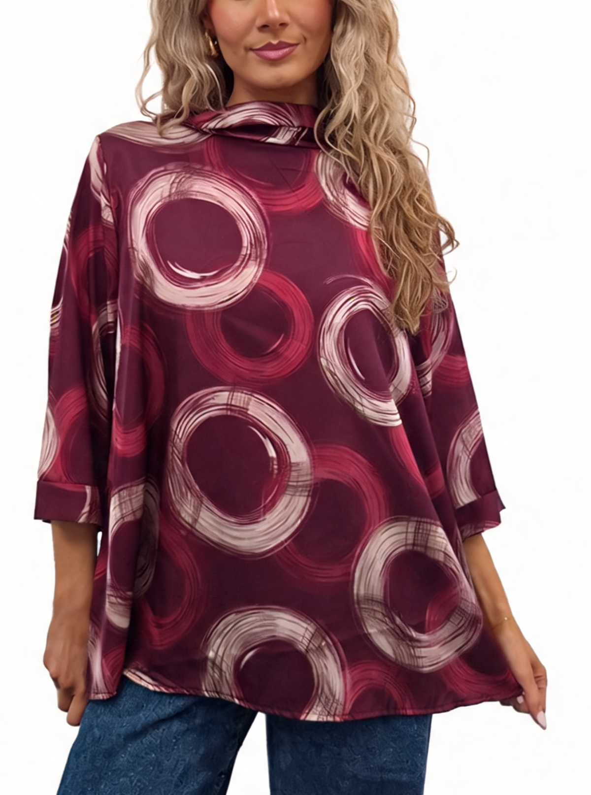 Oversized Brushstroke Circle Print Cowl Neck Top with 3/4 Sleeves & Satin-Feel Finish Blouse