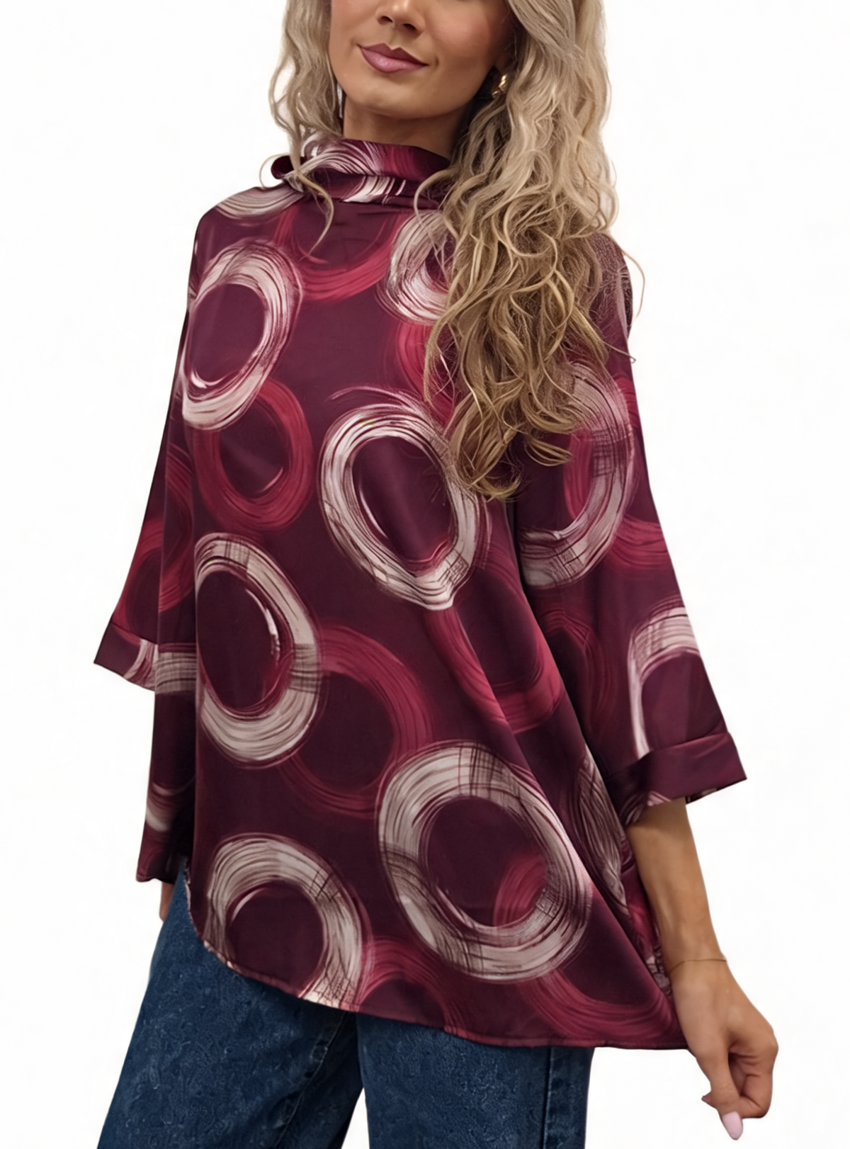 Oversized Brushstroke Circle Print Cowl Neck Top with 3/4 Sleeves & Satin-Feel Finish Blouse