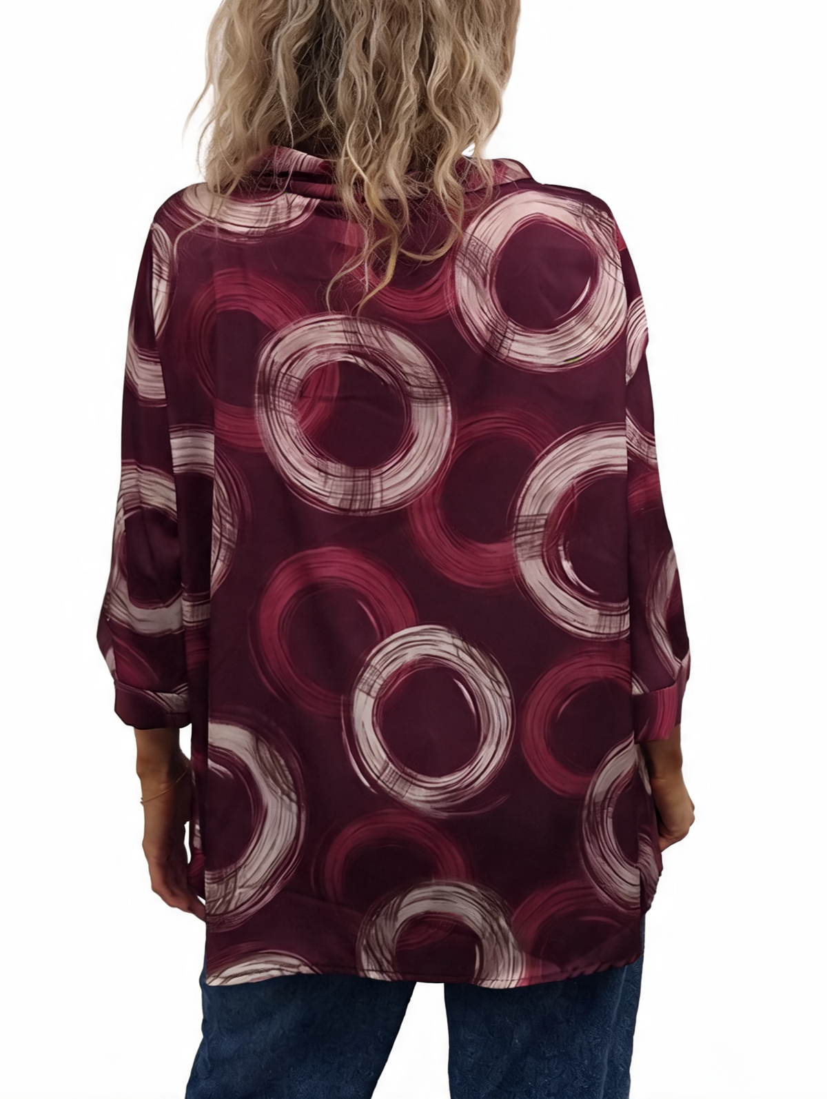 Oversized Brushstroke Circle Print Cowl Neck Top with 3/4 Sleeves & Satin-Feel Finish Blouse