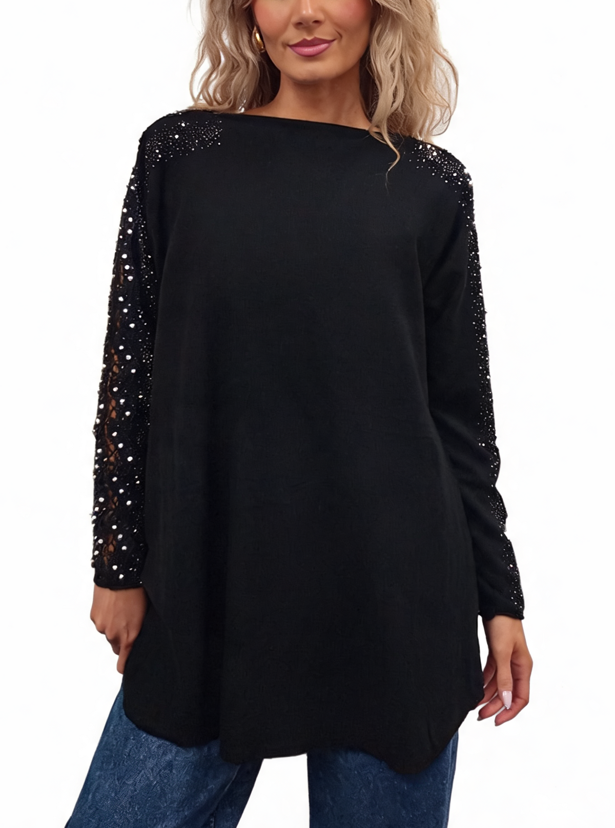 Oversized Embellished Sleeve Relaxed Fit Round Neck Knit Top with Pearl & Crystal Shoulder Detail Jumper