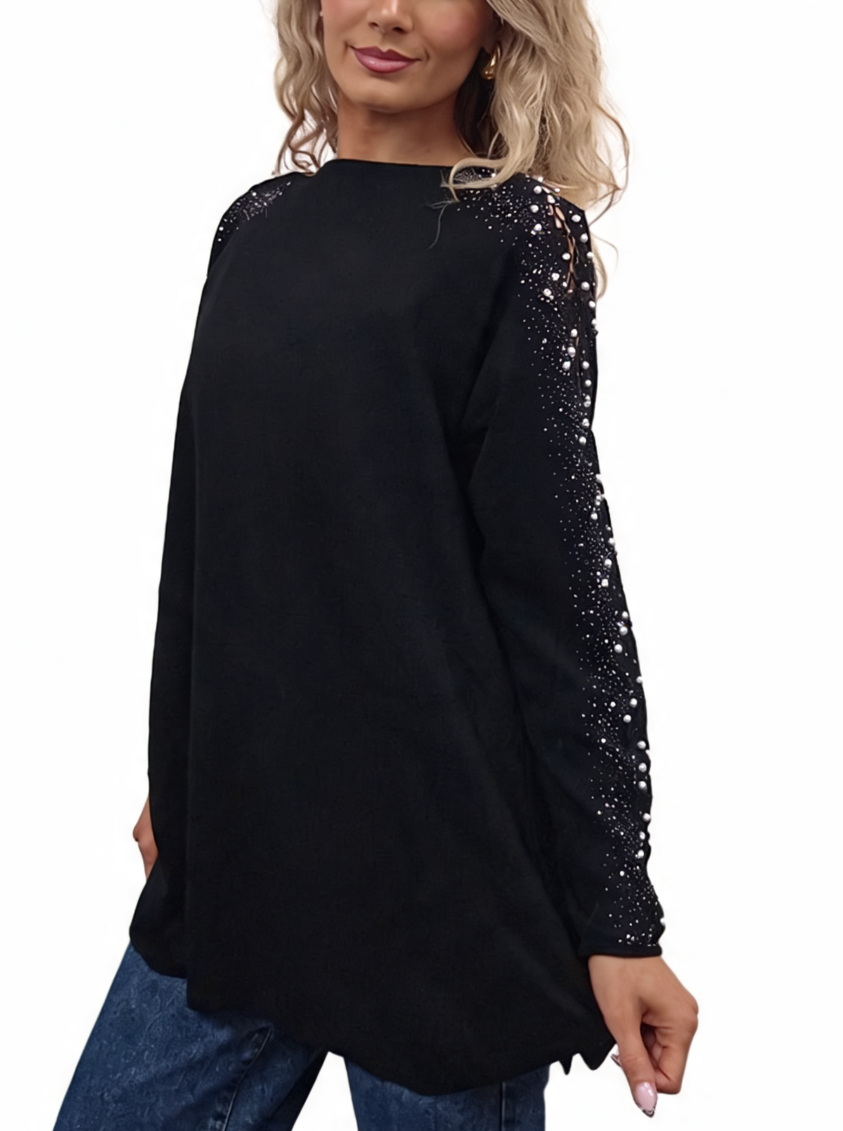 Oversized Embellished Sleeve Relaxed Fit Round Neck Knit Top with Pearl & Crystal Shoulder Detail Jumper