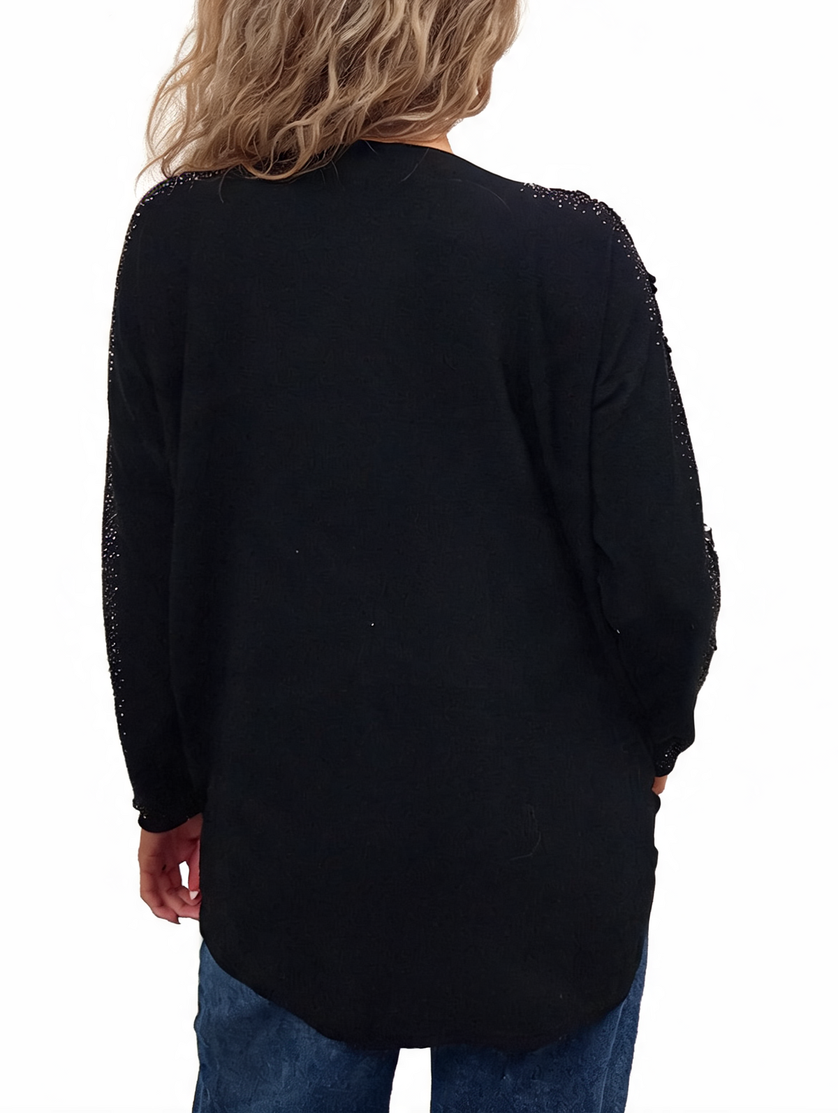 Oversized Embellished Sleeve Relaxed Fit Round Neck Knit Top with Pearl & Crystal Shoulder Detail Jumper
