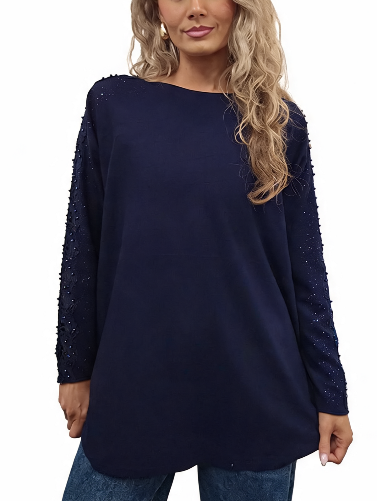 Oversized Embellished Sleeve Relaxed Fit Round Neck Knit Top with Pearl & Crystal Shoulder Detail Jumper