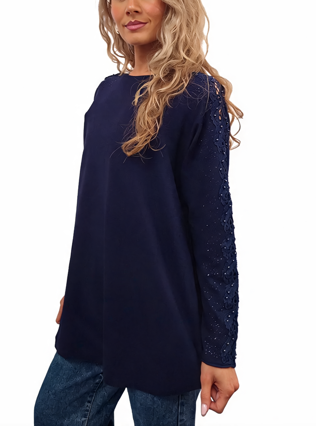 Oversized Embellished Sleeve Relaxed Fit Round Neck Knit Top with Pearl & Crystal Shoulder Detail Jumper