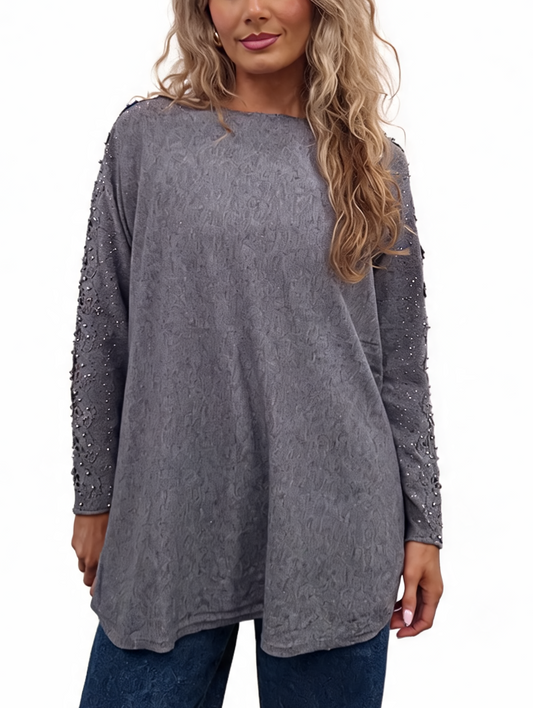 Oversized Embellished Sleeve Relaxed Fit Round Neck Knit Top with Pearl & Crystal Shoulder Detail Jumper