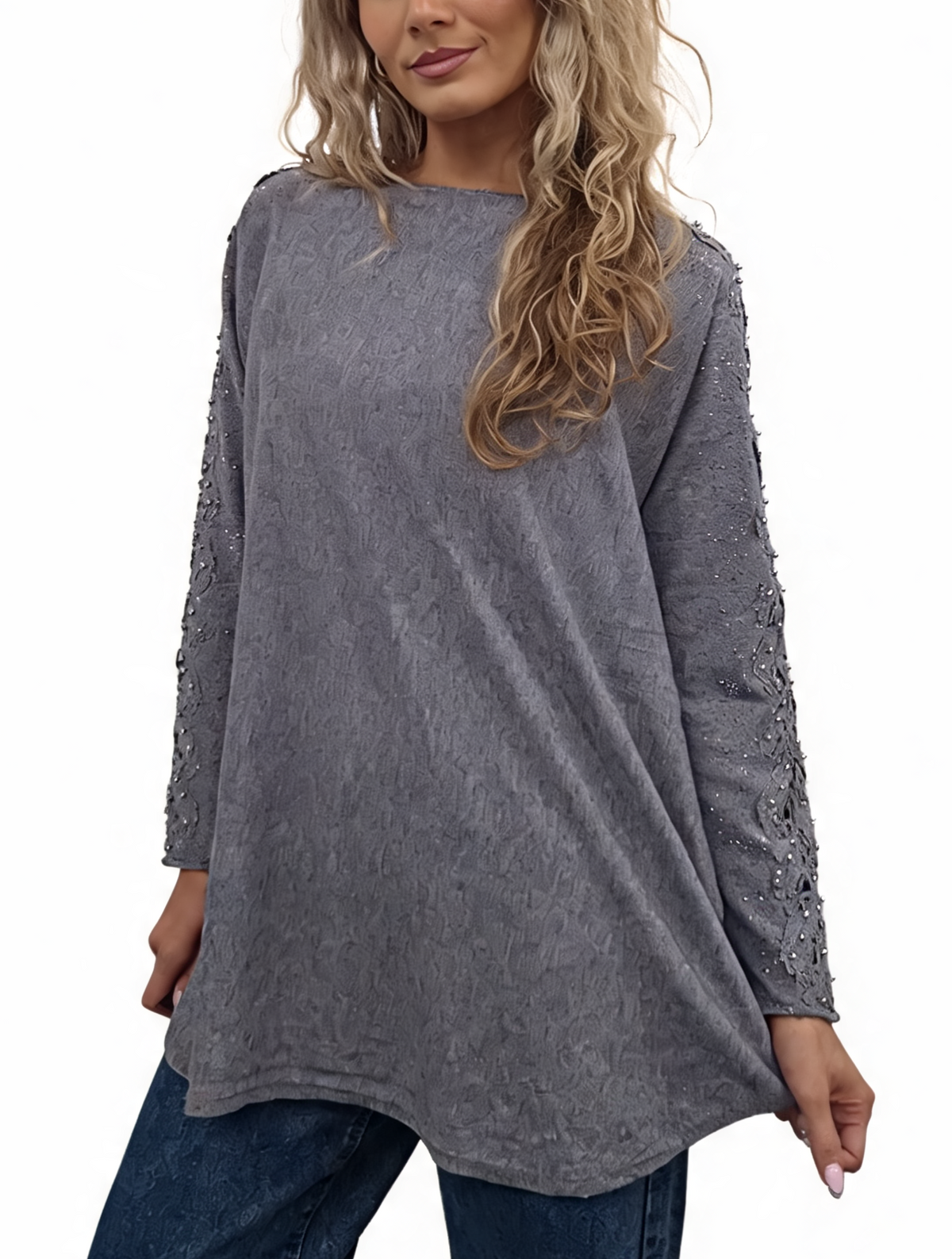 Oversized Embellished Sleeve Relaxed Fit Round Neck Knit Top with Pearl & Crystal Shoulder Detail Jumper