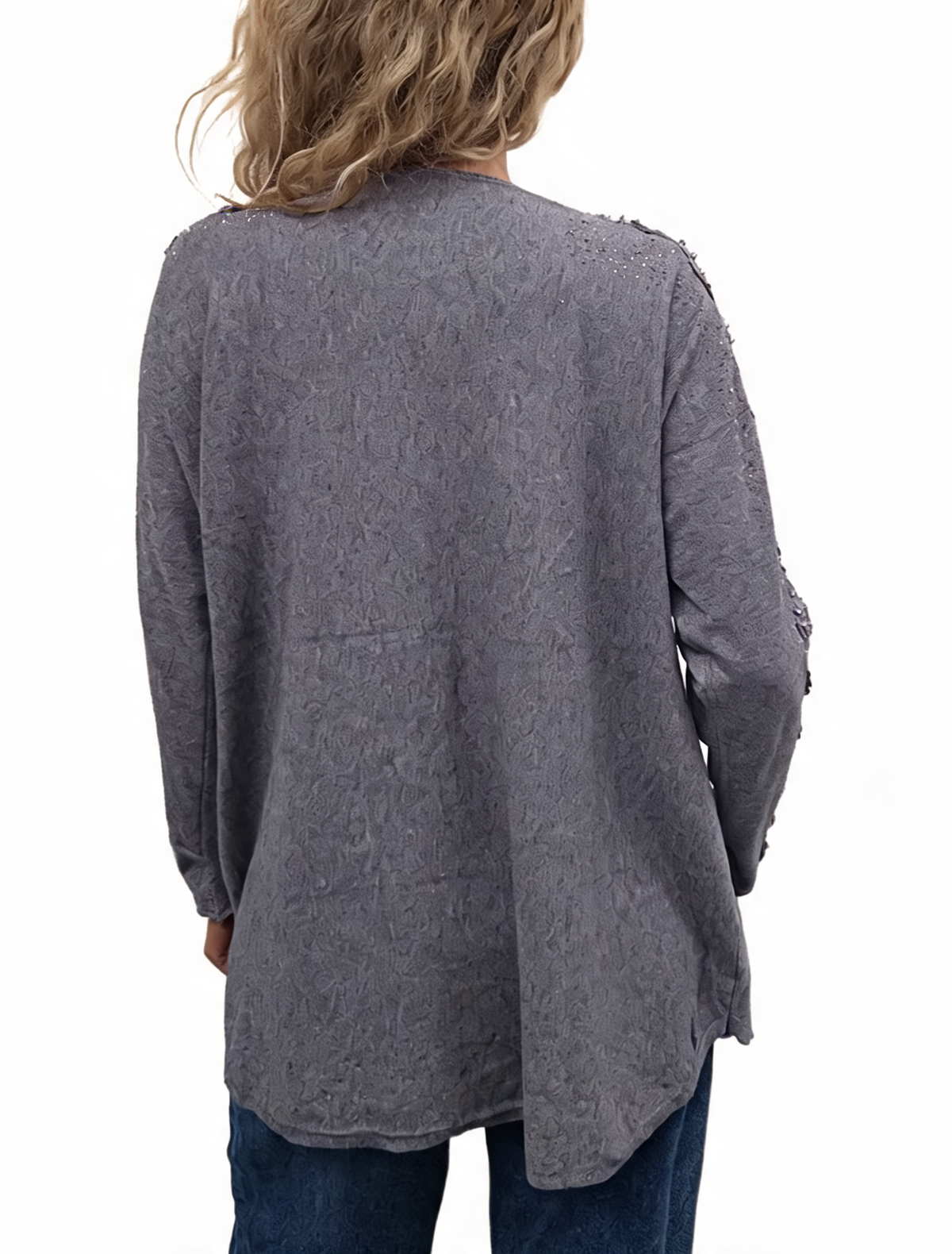 Oversized Embellished Sleeve Relaxed Fit Round Neck Knit Top with Pearl & Crystal Shoulder Detail Jumper