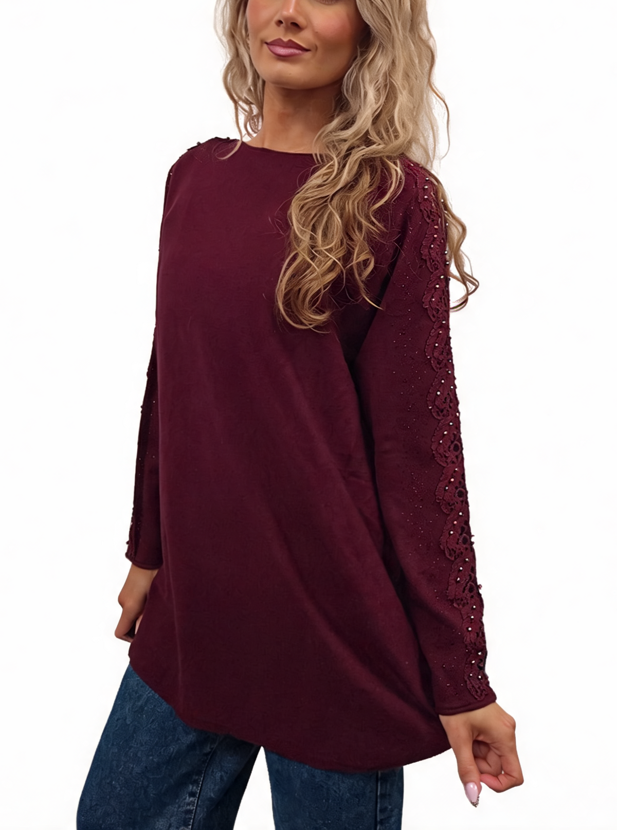 Oversized Embellished Sleeve Relaxed Fit Round Neck Knit Top with Pearl & Crystal Shoulder Detail Jumper
