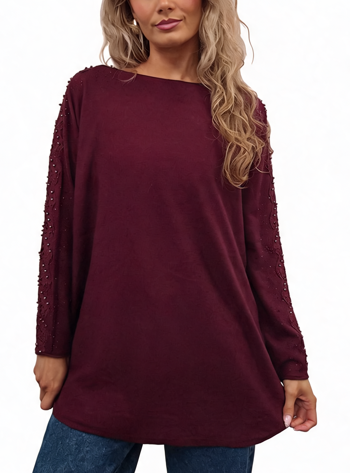 Oversized Embellished Sleeve Relaxed Fit Round Neck Knit Top with Pearl & Crystal Shoulder Detail Jumper