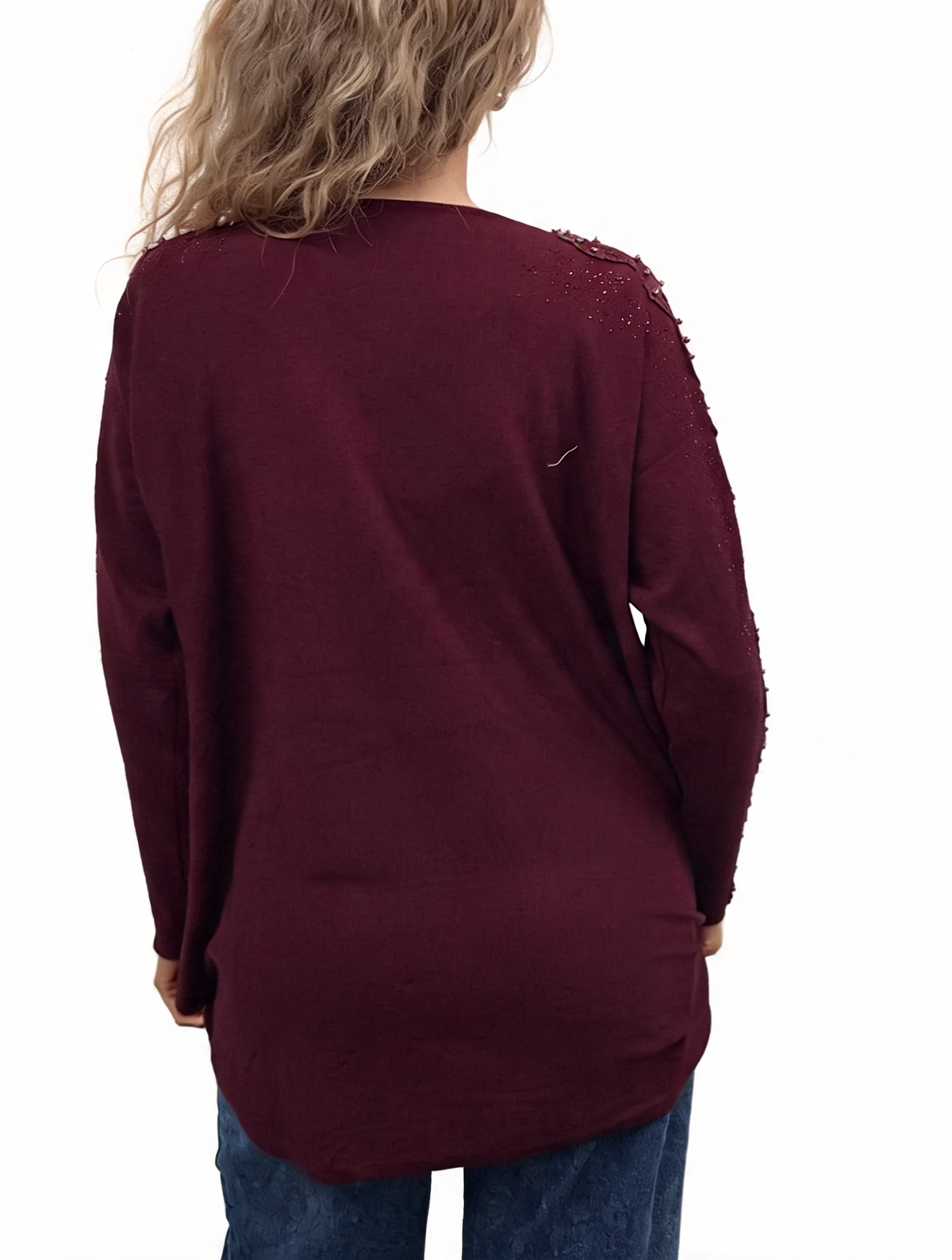 Oversized Embellished Sleeve Relaxed Fit Round Neck Knit Top with Pearl & Crystal Shoulder Detail Jumper