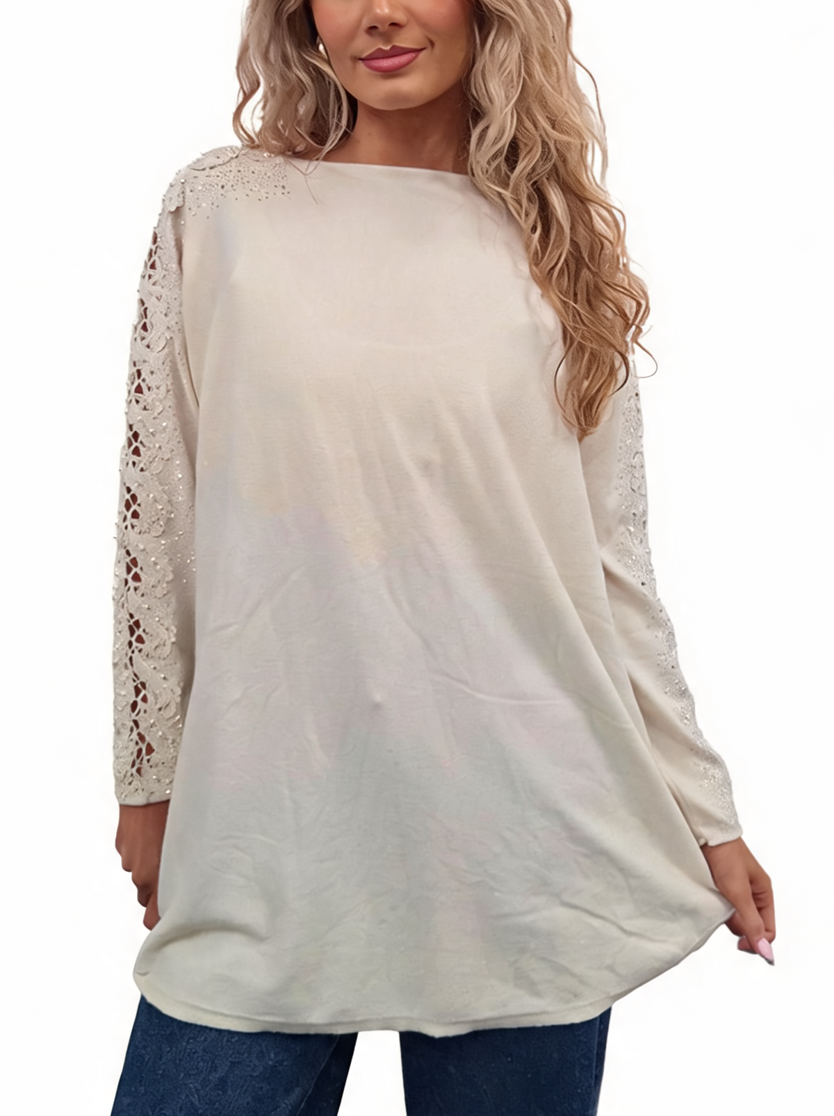 Oversized Embellished Sleeve Relaxed Fit Round Neck Knit Top with Pearl & Crystal Shoulder Detail Jumper