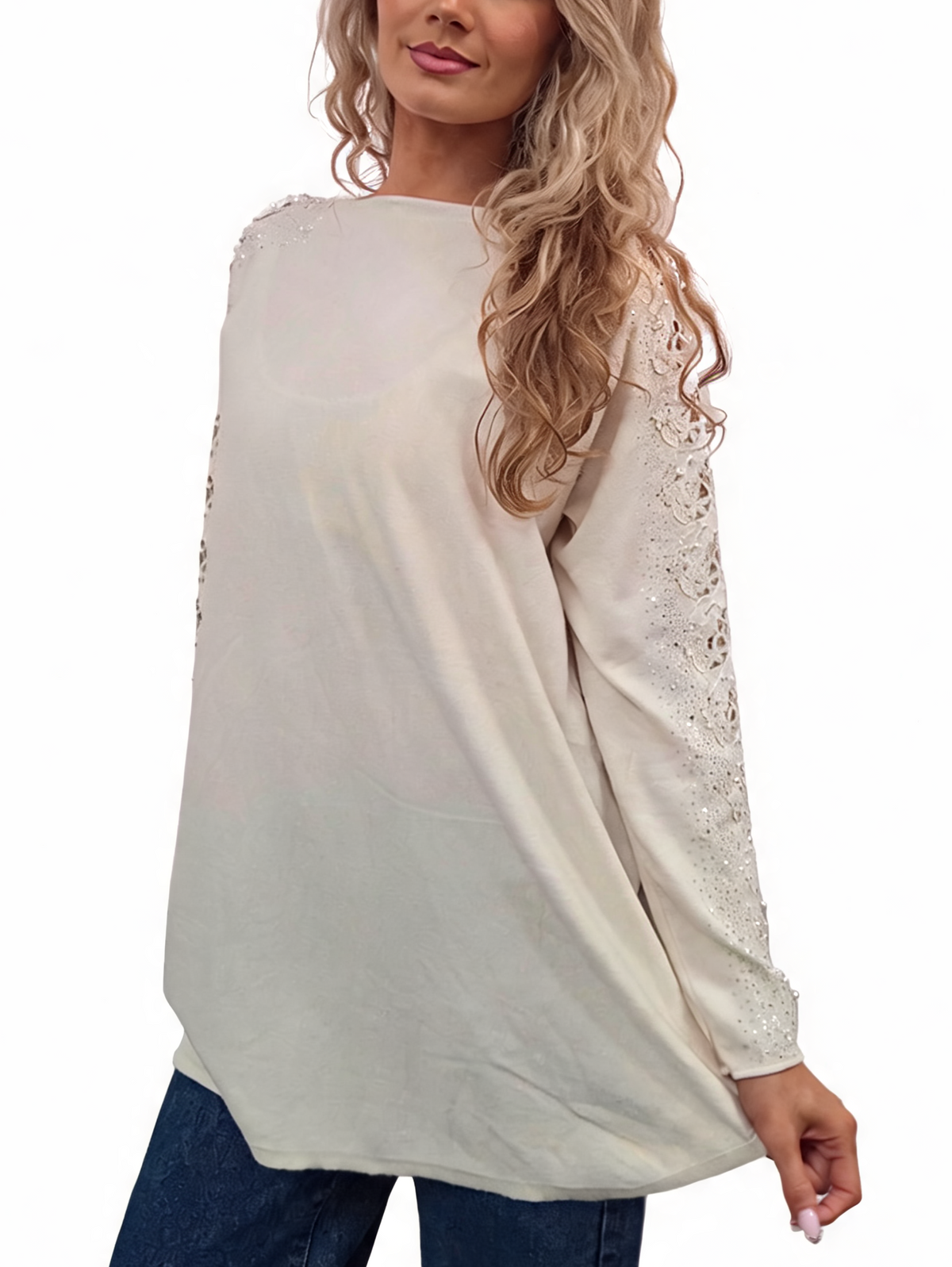 Oversized Embellished Sleeve Relaxed Fit Round Neck Knit Top with Pearl & Crystal Shoulder Detail Jumper