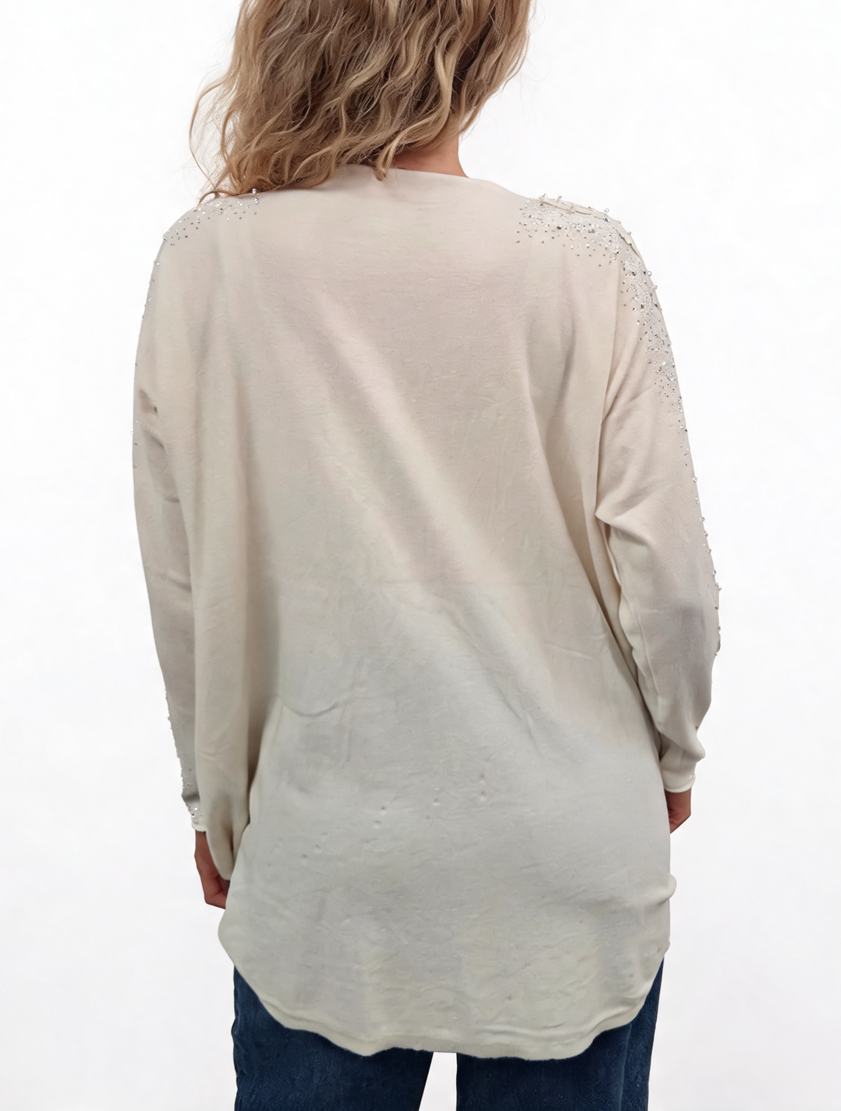 Oversized Embellished Sleeve Relaxed Fit Round Neck Knit Top with Pearl & Crystal Shoulder Detail Jumper