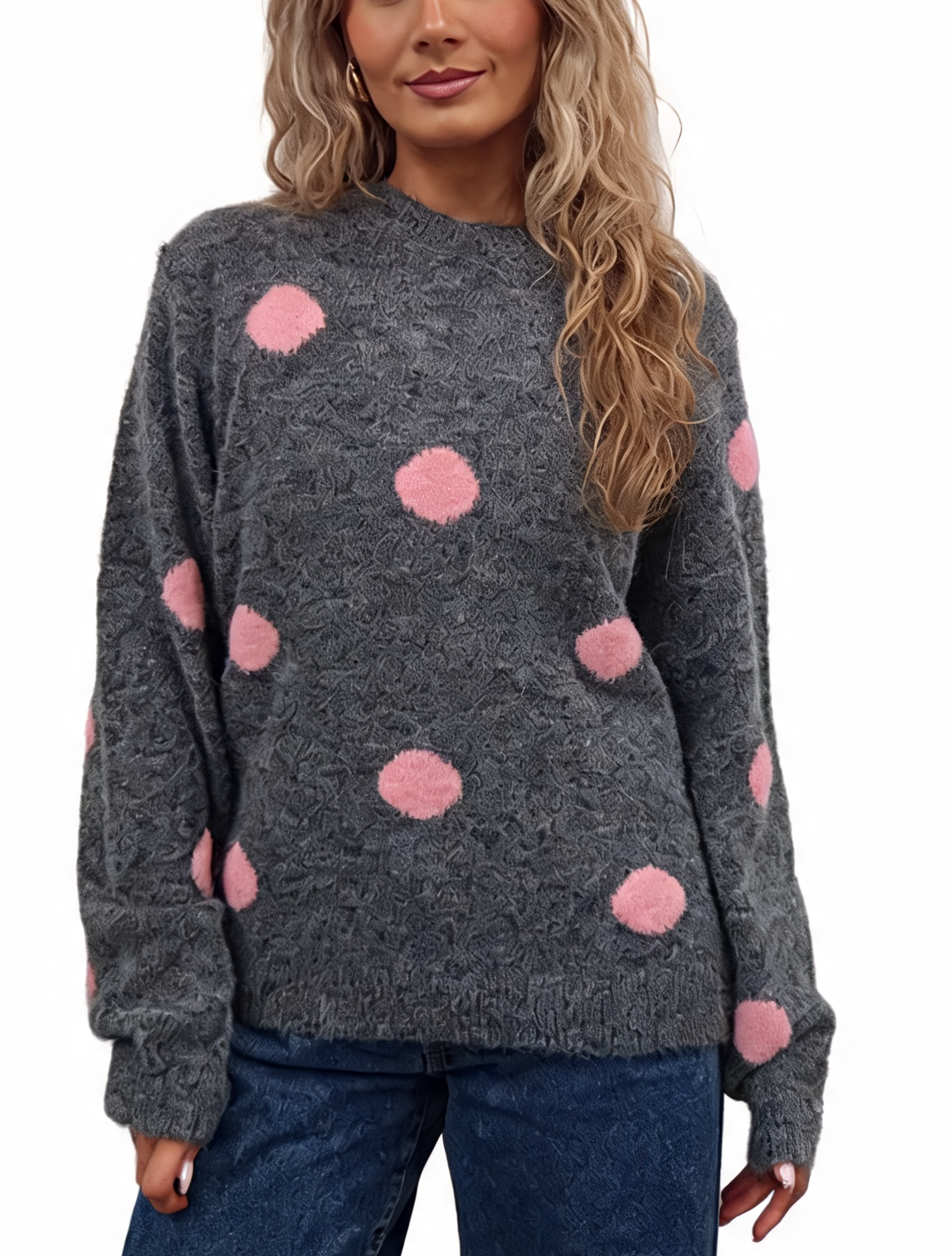 Fluffy Polka Dot Knit Jumper with Textured Pom-Pom Spots and Ribbed Trims