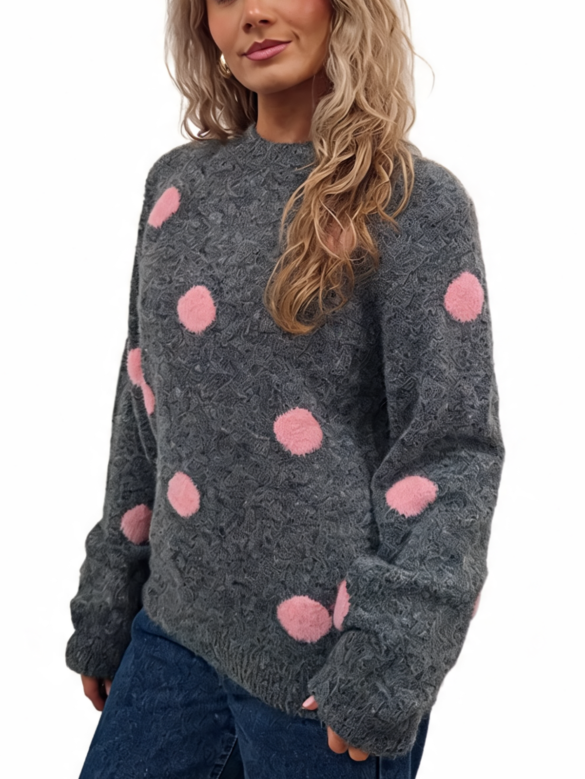 Fluffy Polka Dot Knit Jumper with Textured Pom-Pom Spots and Ribbed Trims