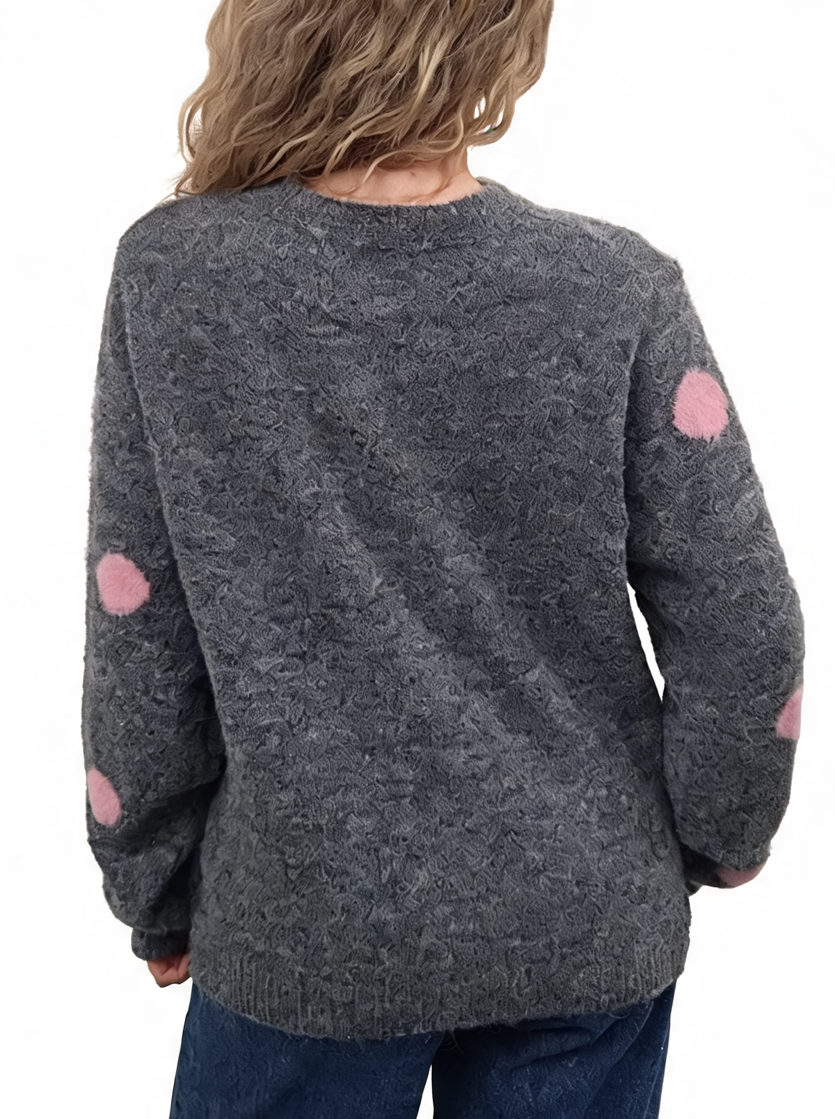 Fluffy Polka Dot Knit Jumper with Textured Pom-Pom Spots and Ribbed Trims