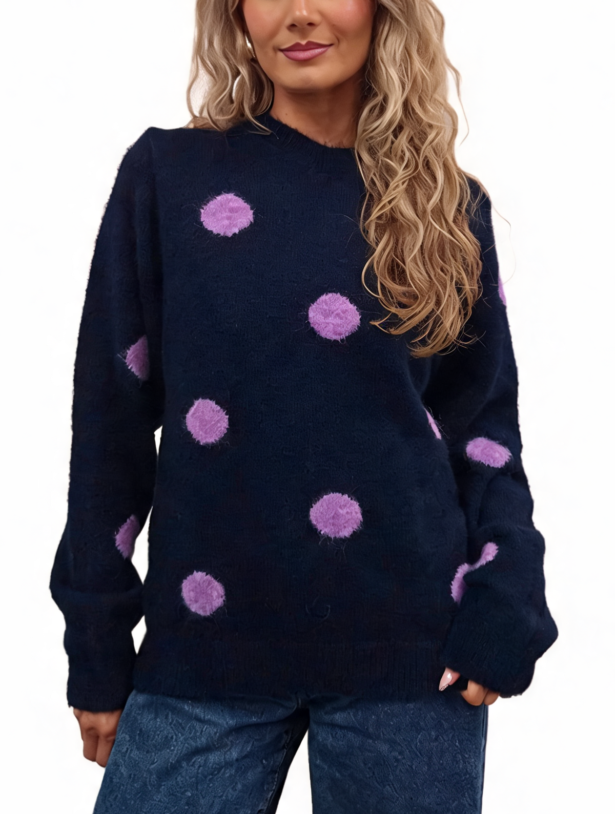 Fluffy Polka Dot Knit Jumper with Textured Pom-Pom Spots and Ribbed Trims
