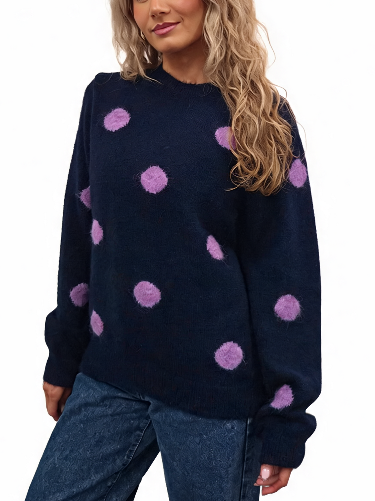 Fluffy Polka Dot Knit Jumper with Textured Pom-Pom Spots and Ribbed Trims