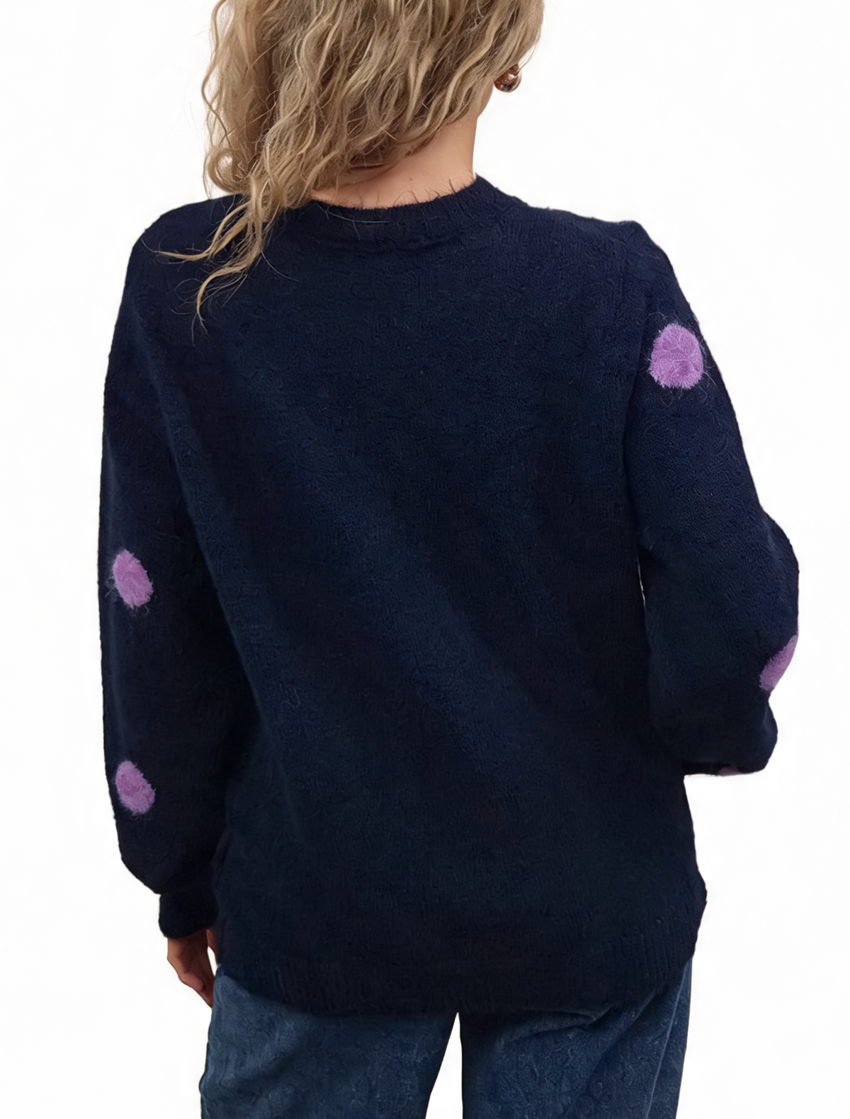 Fluffy Polka Dot Knit Jumper with Textured Pom-Pom Spots and Ribbed Trims