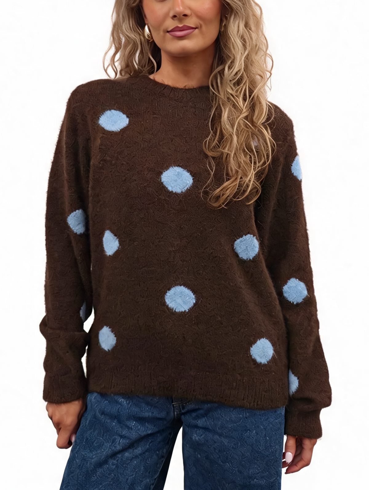 Fluffy Polka Dot Knit Jumper with Textured Pom-Pom Spots and Ribbed Trims