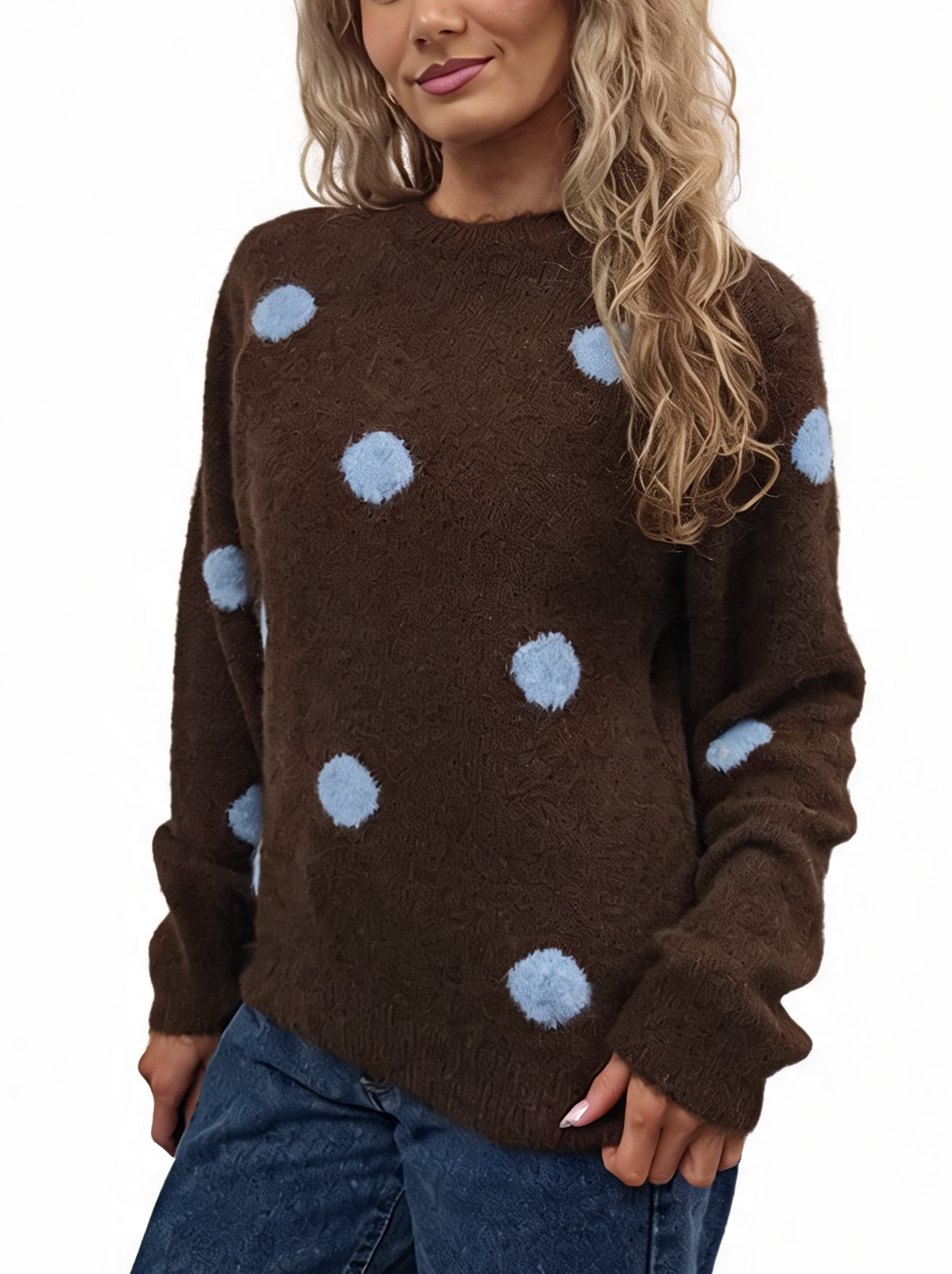 Fluffy Polka Dot Knit Jumper with Textured Pom-Pom Spots and Ribbed Trims