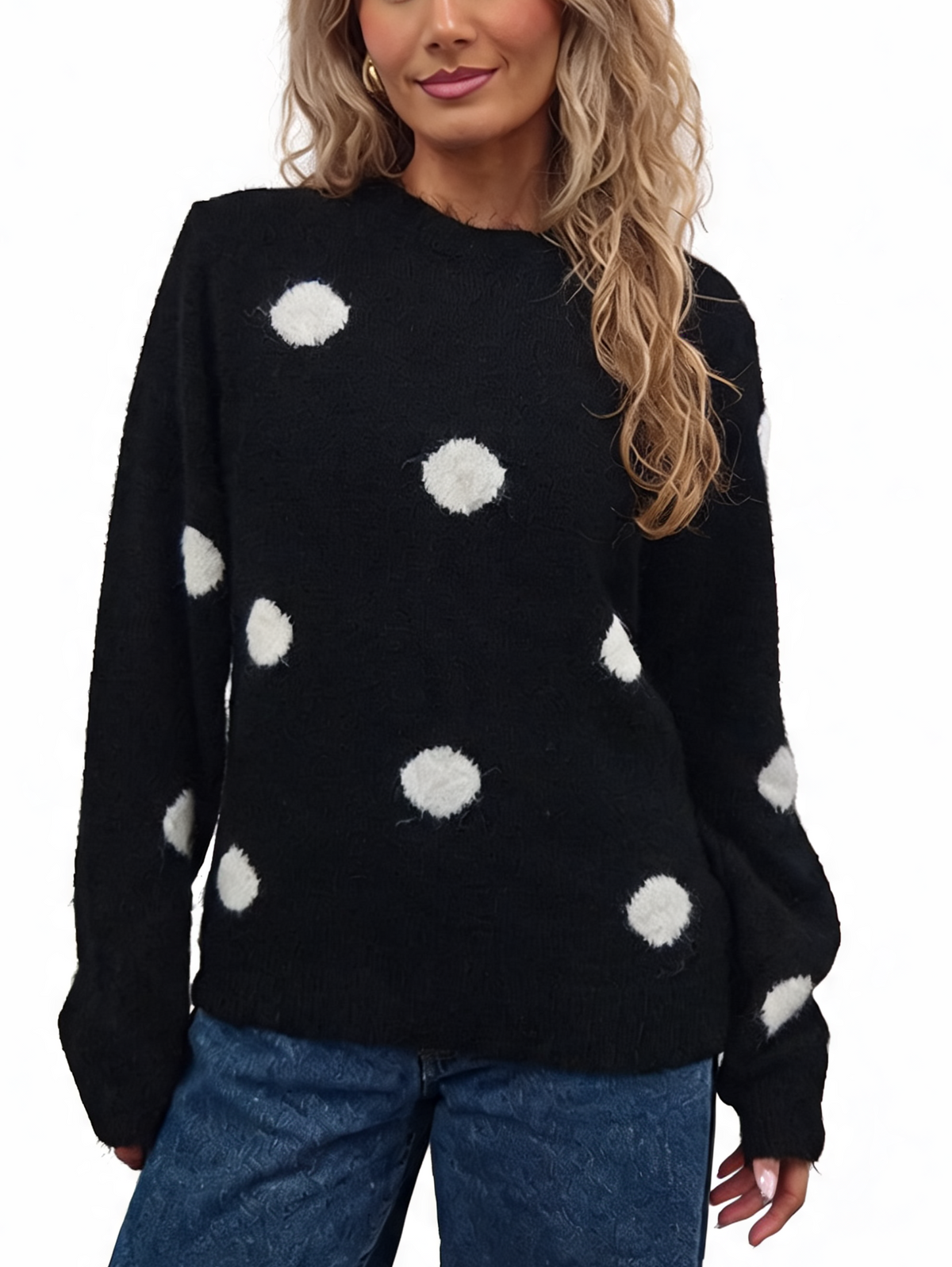 Fluffy Polka Dot Knit Jumper with Textured Pom-Pom Spots and Ribbed Trims