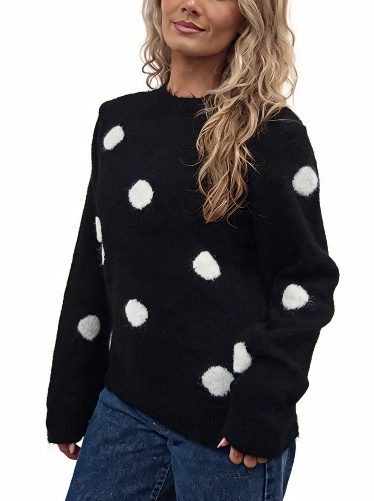 Fluffy Polka Dot Knit Jumper with Textured Pom-Pom Spots and Ribbed Trims