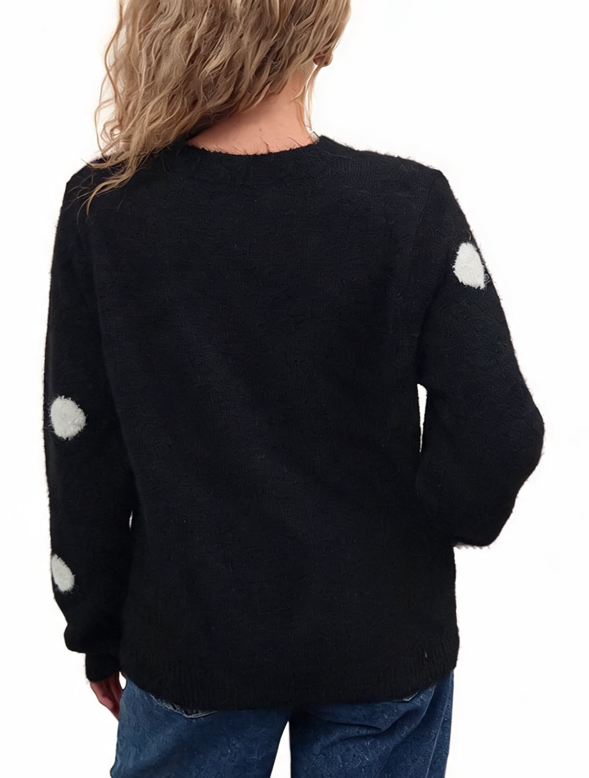 Fluffy Polka Dot Knit Jumper with Textured Pom-Pom Spots and Ribbed Trims