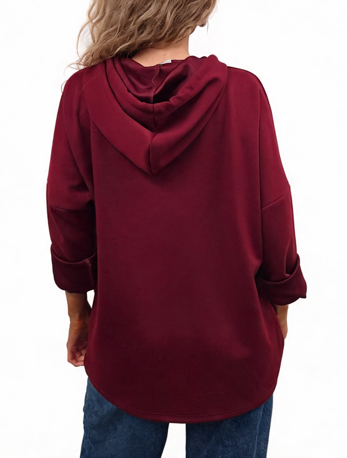 Burgundy oversized hooded sweatshirt with kangaroo pocket and back hood