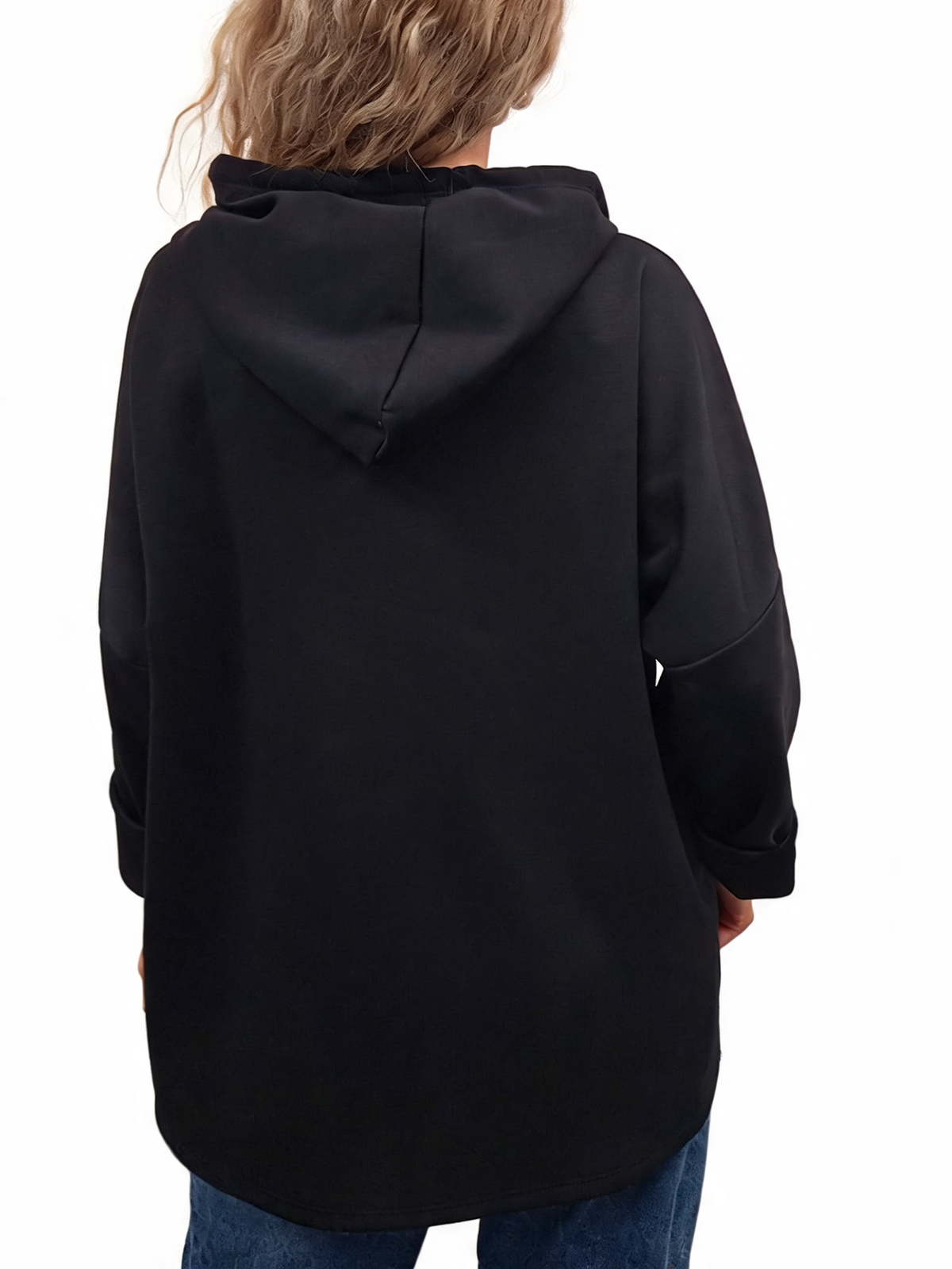 Black oversized hooded sweatshirt with back hood and long sleeves