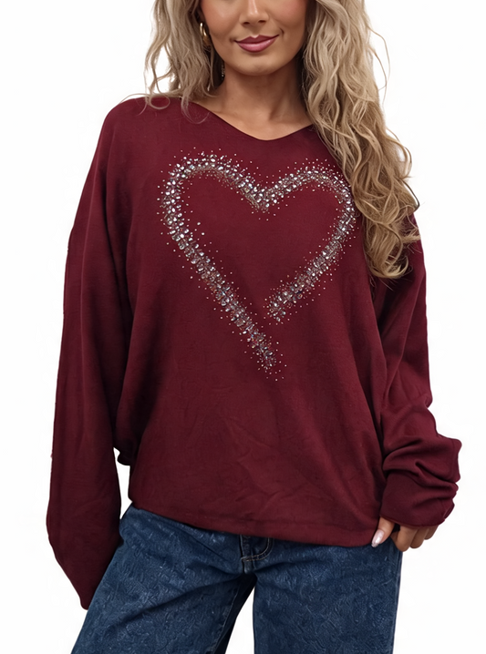Oversized Sparkle Heart V-Neck Relaxed Fit Lightweight Knit Jumper