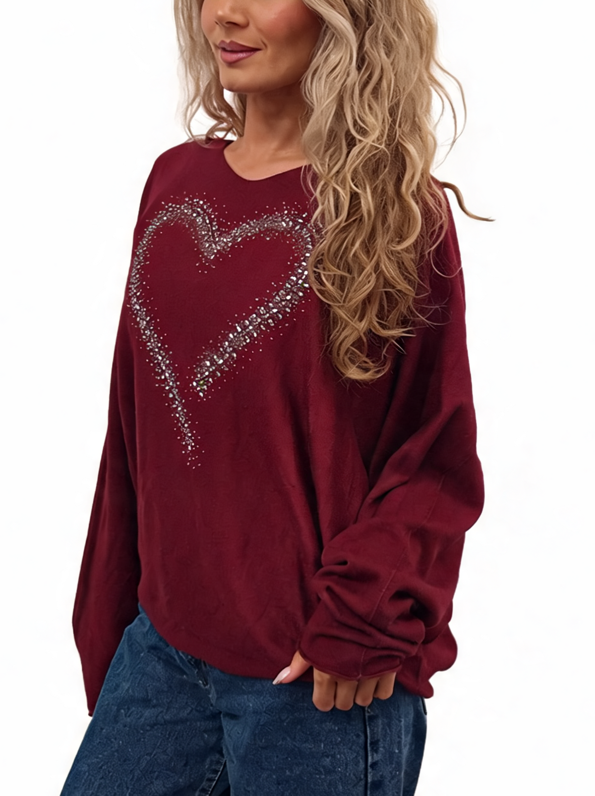 Oversized Sparkle Heart V-Neck Relaxed Fit Lightweight Knit Jumper